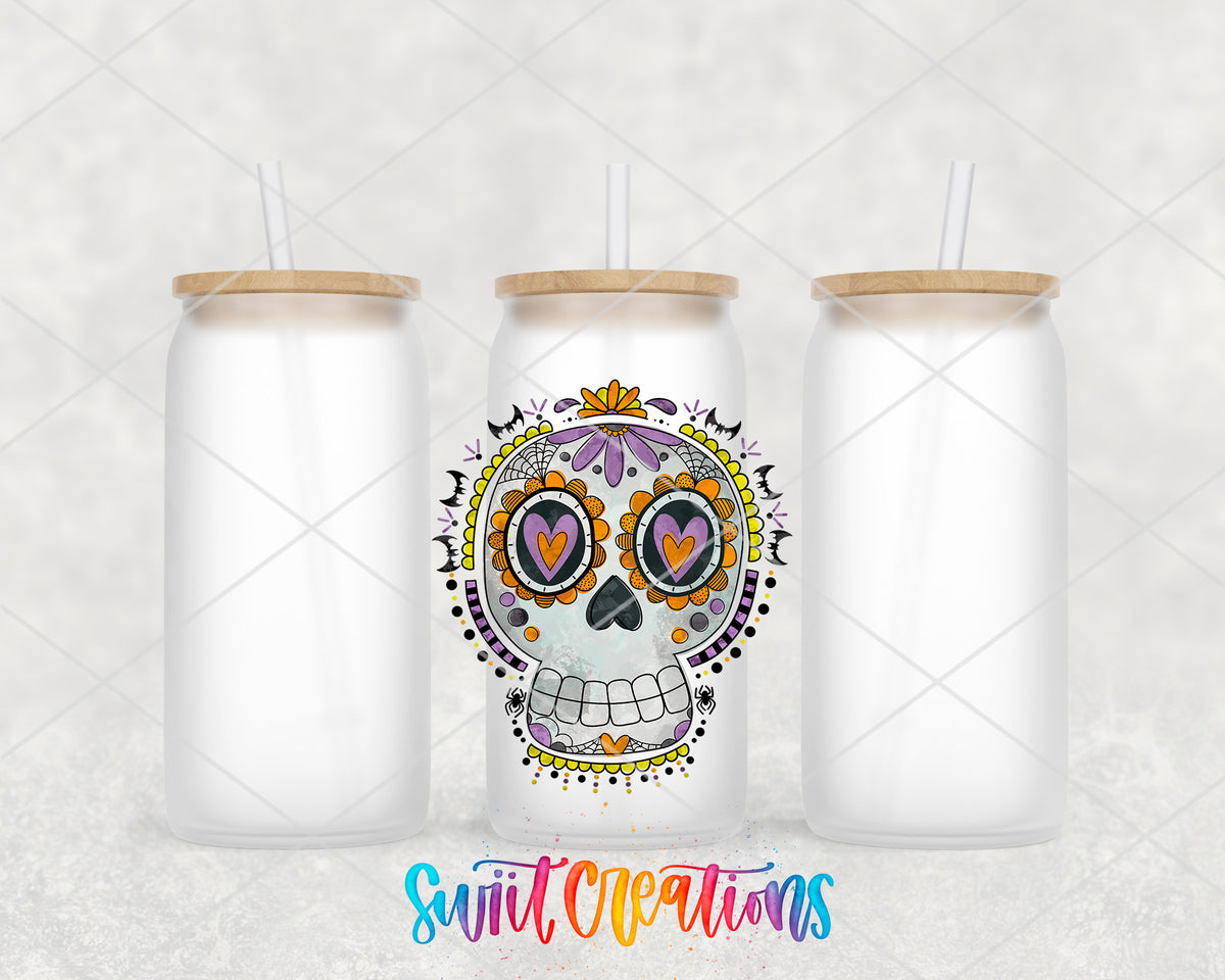 Halloween Sugar Skull frosted glass tumbler group view with lids and straws