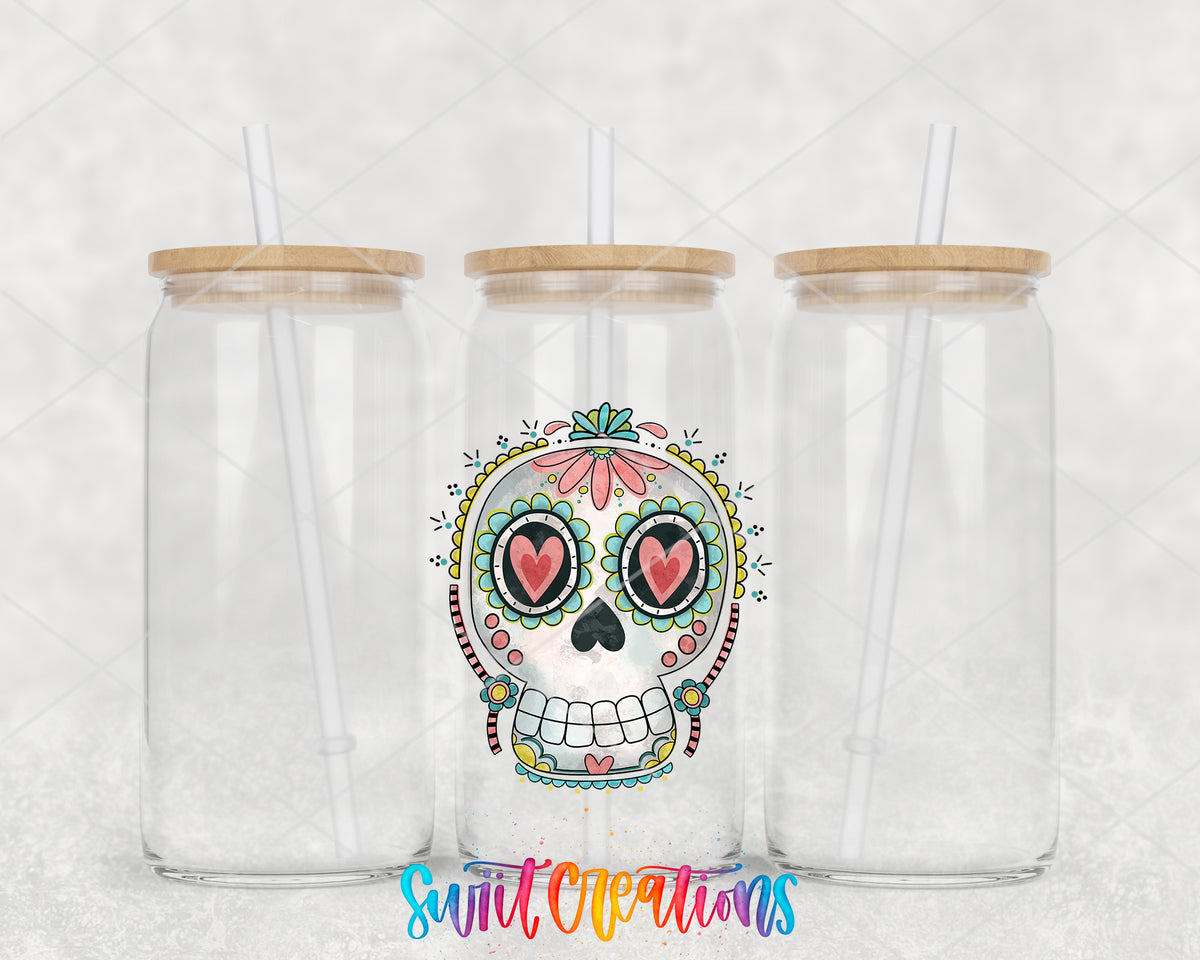 Floral Sugar Skull clear glass tumbler group mockup with bamboo lids and straws