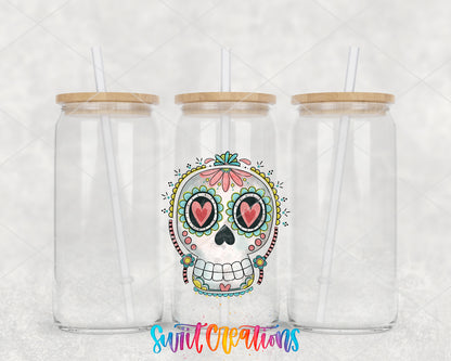 Floral Sugar Skull clear glass tumbler group mockup with bamboo lids and straws