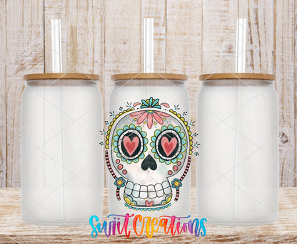 Floral Sugar Skull frosted glass tumbler mockup with bamboo lids and straws