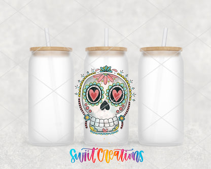 Floral Sugar Skull frosted glass tumbler group view with lids and straws