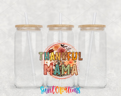 Thankful Mama clear glass tumbler group mockup with bamboo lids and straws