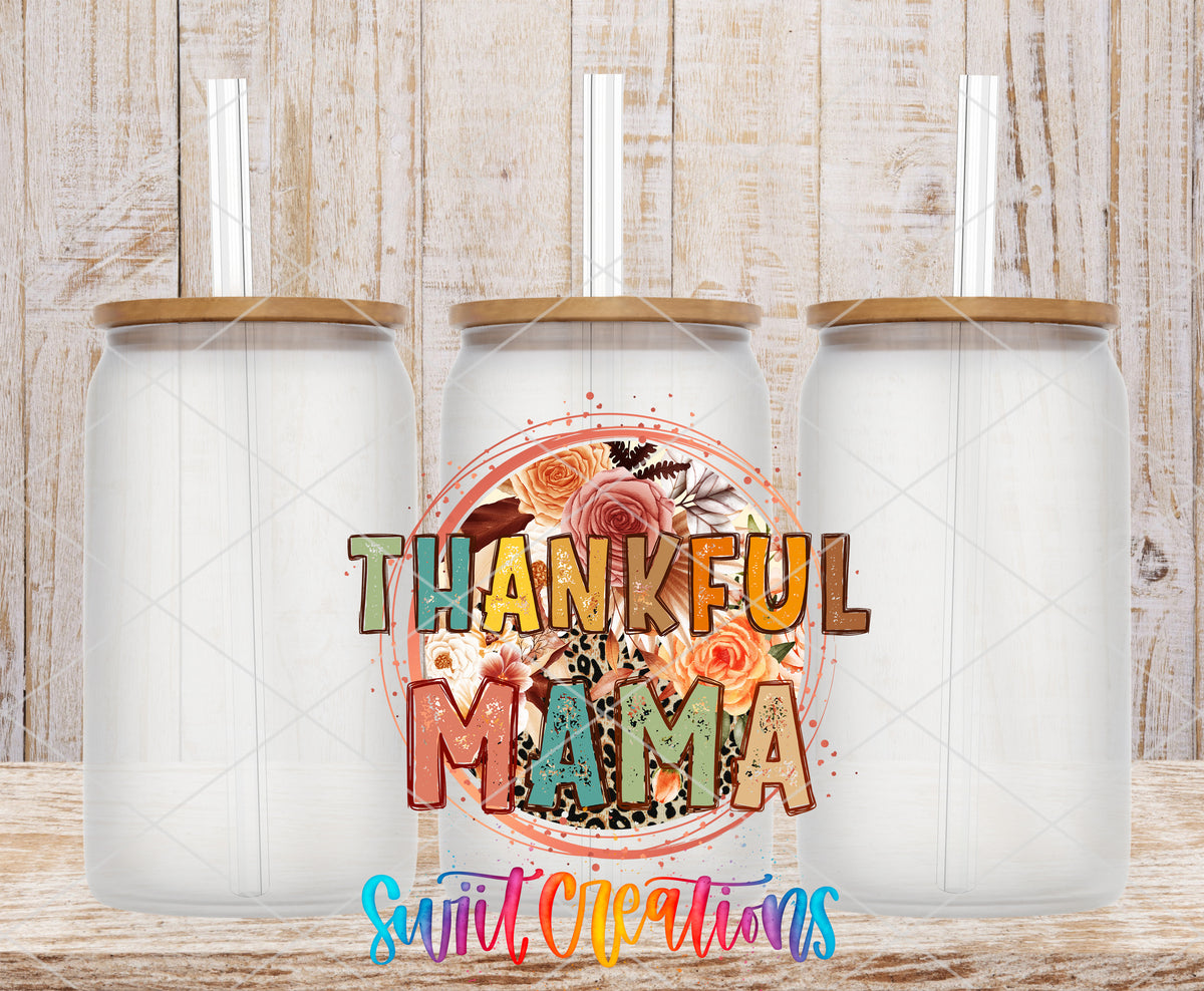 Thankful Mama frosted glass tumbler mockup with bamboo lids and straws