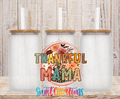 Thankful Mama frosted glass tumbler mockup with bamboo lids and straws