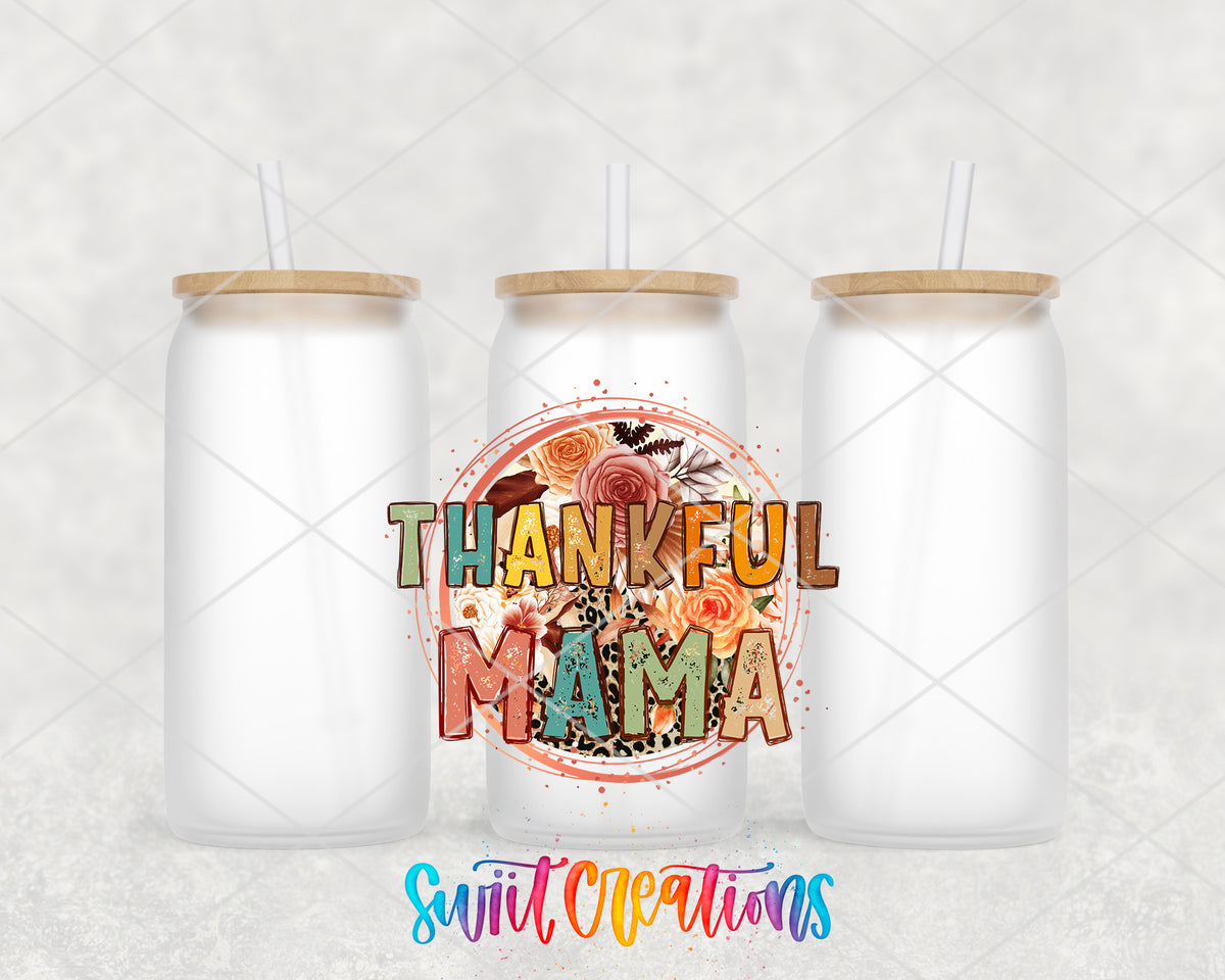 Thankful Mama frosted glass tumbler group view with lids and straws