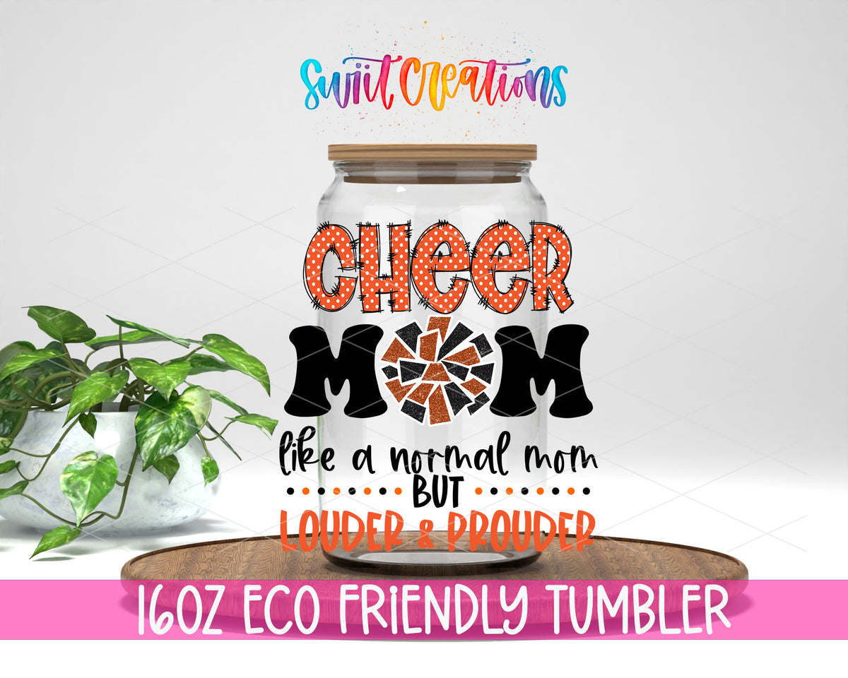 Orange Cheer Mom design on a 16 oz clear glass tumbler with bamboo lid
