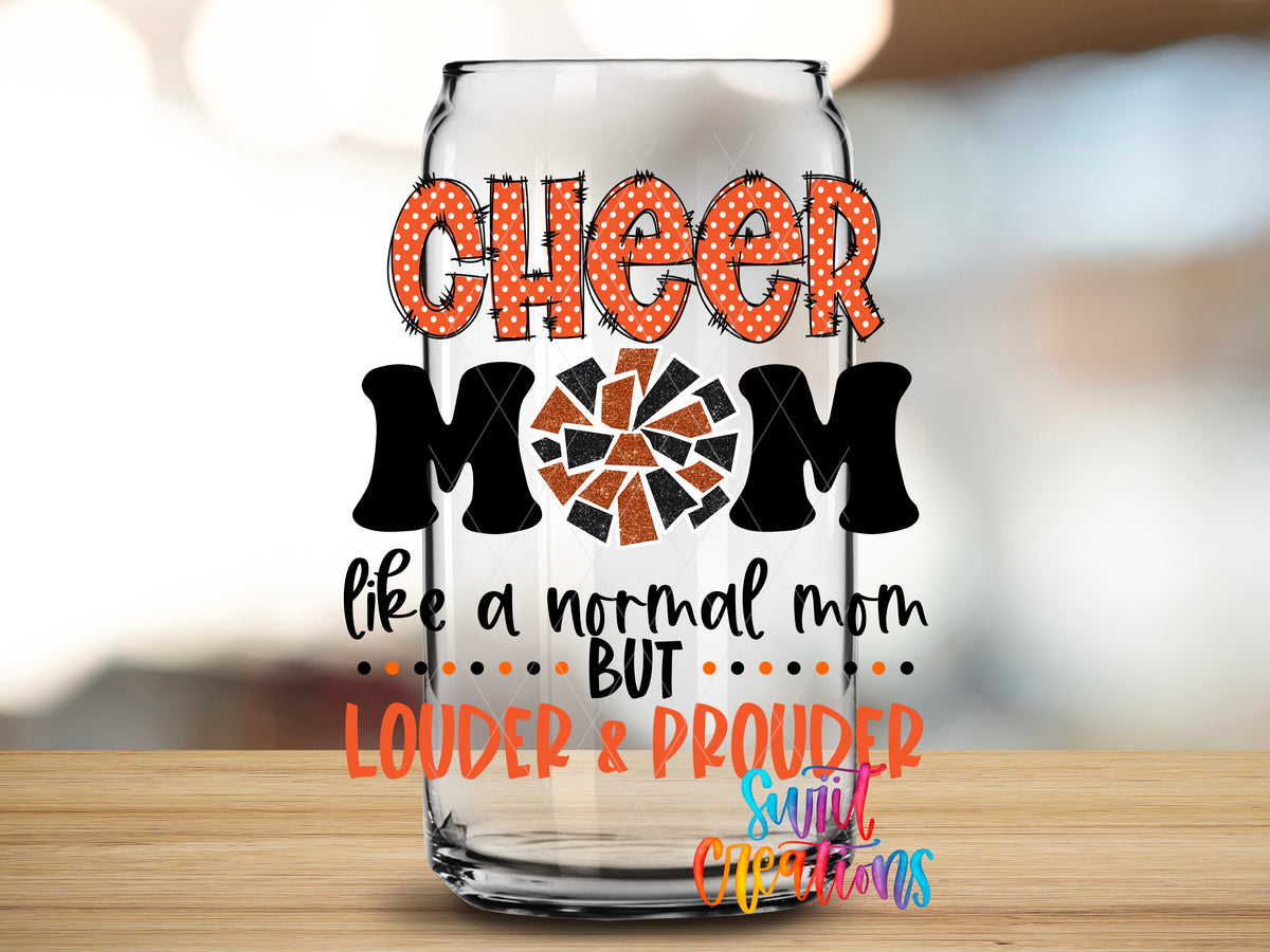 Orange Cheer Mom design close-up on a clear glass can tumbler