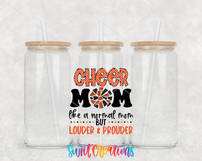 Orange Cheer Mom clear glass tumbler group mockup with bamboo lids and straws