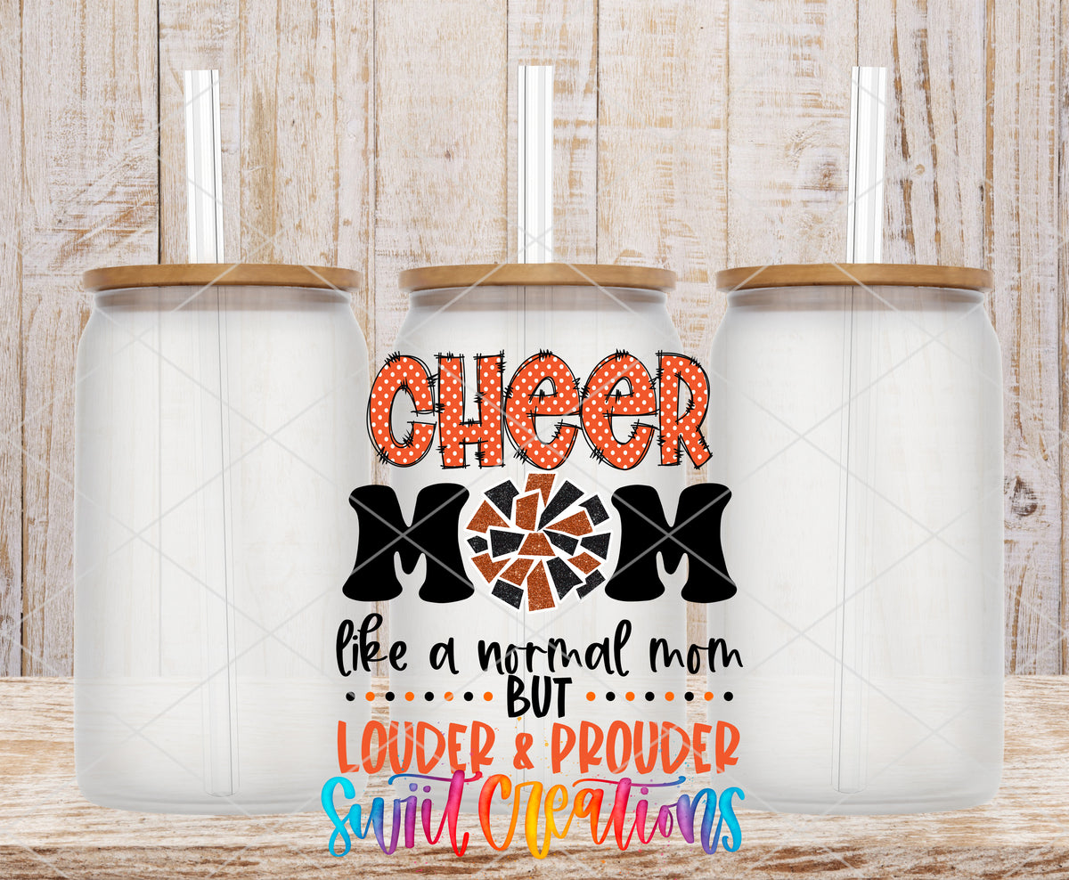 Orange Cheer Mom frosted glass tumbler mockup with bamboo lids and straws