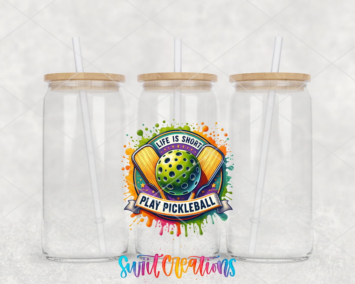 Life Is Short Play Pickleball clear glass tumbler group mockup with bamboo lids and straws
