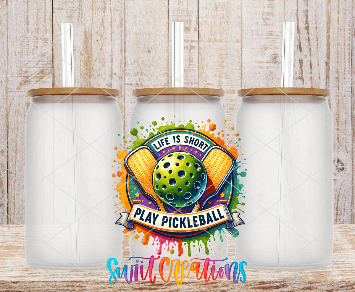 Life Is Short Play Pickleball frosted glass tumbler mockup with bamboo lids and straws