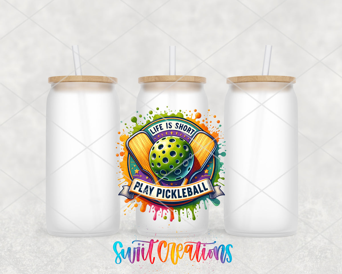 Life Is Short Play Pickleball frosted glass tumbler group view with lids and straws