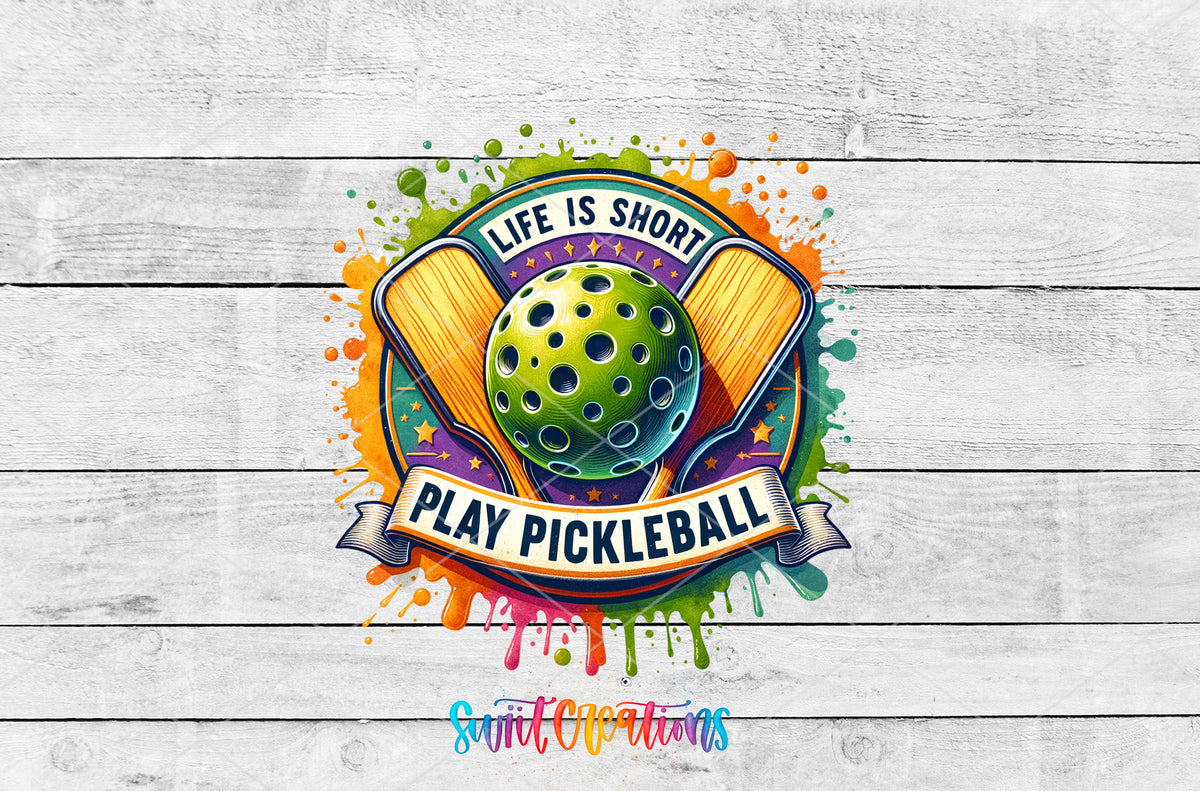 Life Is Short Play Pickleball artwork detail for the finished 16 oz tumbler
