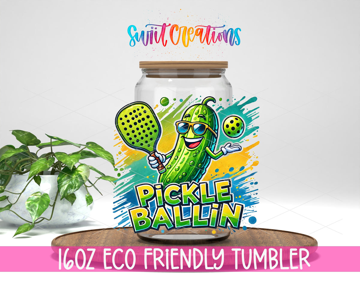 Pickle Ballin design on a 16 oz clear glass tumbler with bamboo lid