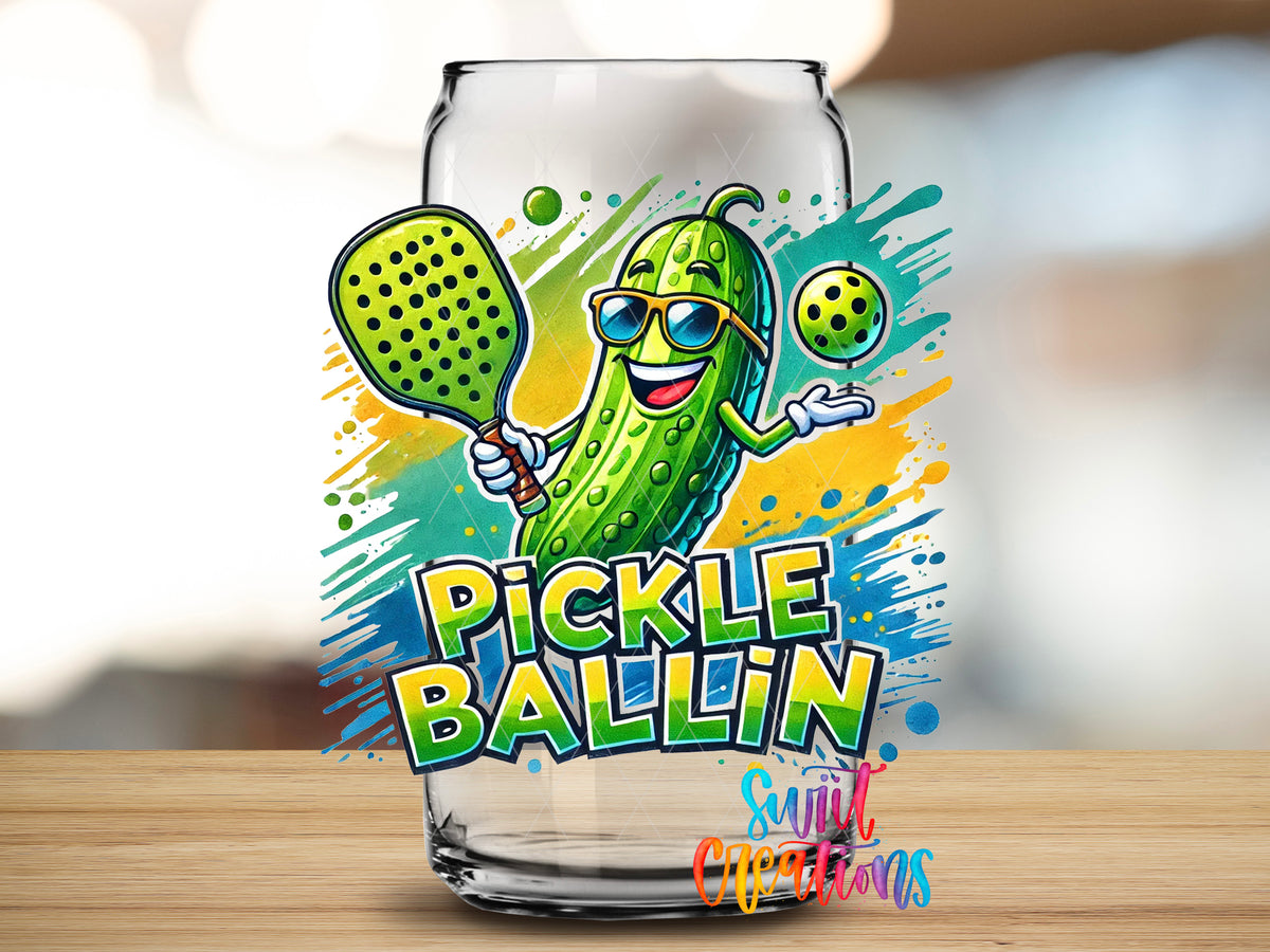 Pickle Ballin design close-up on a clear glass can tumbler