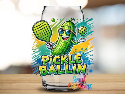 Pickle Ballin design close-up on a clear glass can tumbler