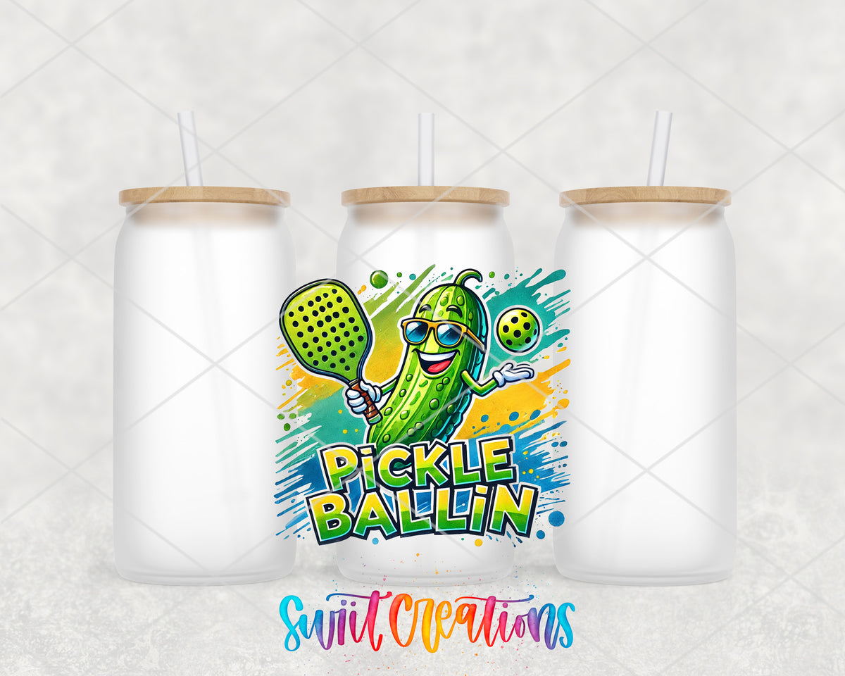 Pickle Ballin frosted glass tumbler group view with lids and straws