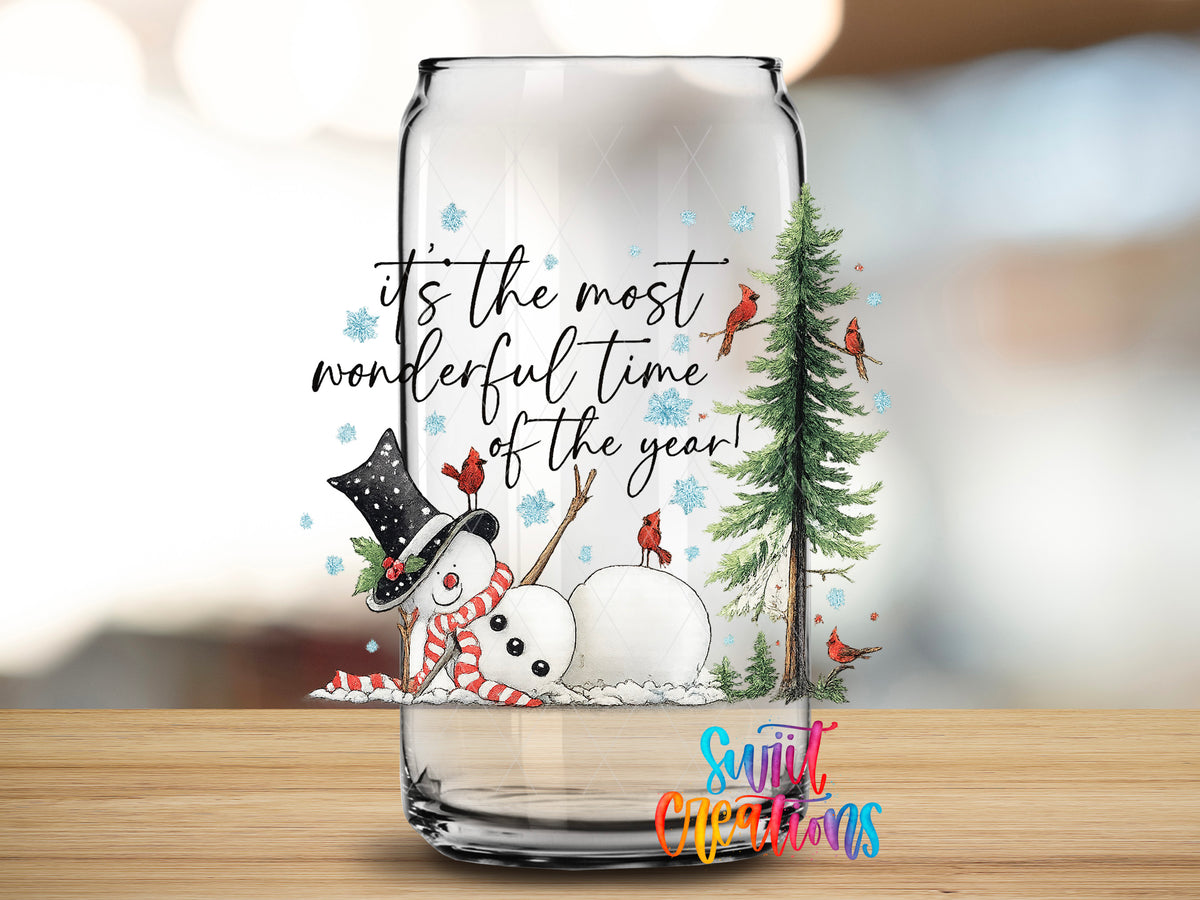 It's the Most Wonderful Time of the Year design close-up on a clear glass can tumbler