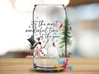 It's the Most Wonderful Time of the Year design close-up on a clear glass can tumbler