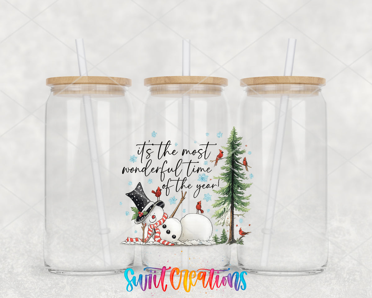 It's the Most Wonderful Time of the Year clear glass tumbler group mockup with bamboo lids and straws