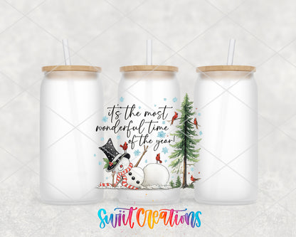 It's the Most Wonderful Time of the Year frosted glass tumbler group view with lids and straws