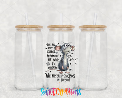 Who Ties Your Shoelaces clear glass tumbler group mockup with bamboo lids and straws