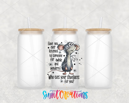 Who Ties Your Shoelaces frosted glass tumbler group view with lids and straws