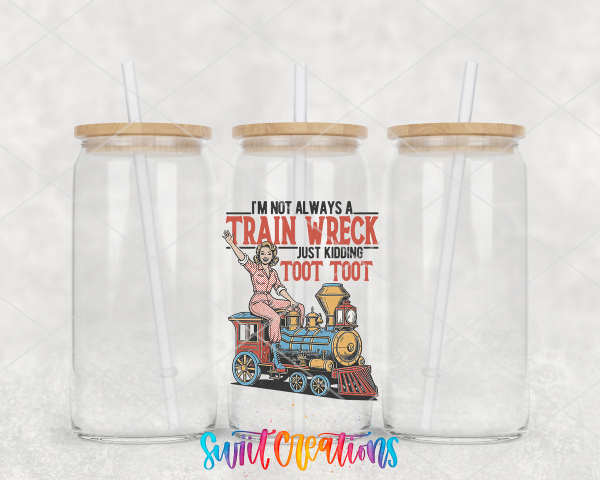 I'm Not Always a Train Wreck clear glass tumbler group mockup with bamboo lids and straws