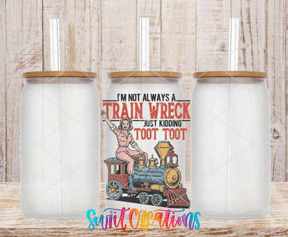 I'm Not Always a Train Wreck frosted glass tumbler mockup with bamboo lids and straws