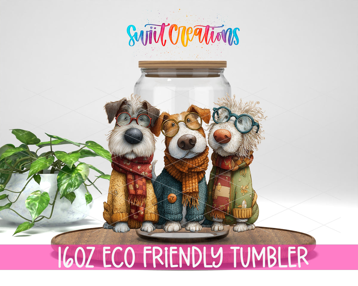 Cute Dogs design on a 16 oz clear glass tumbler with bamboo lid