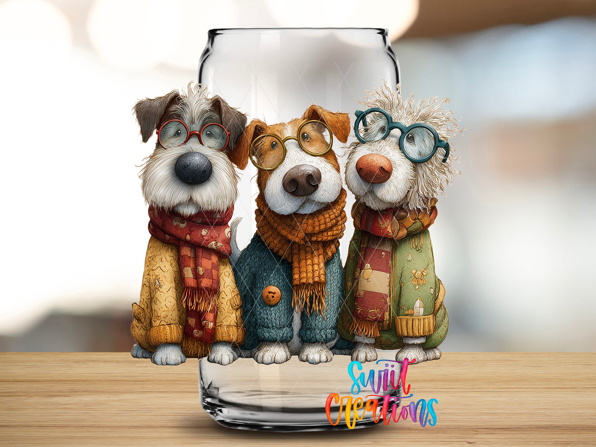 Cute Dogs design close-up on a clear glass can tumbler