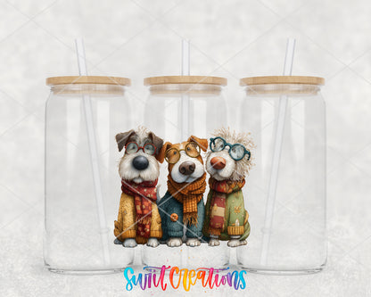 Cute Dogs clear glass tumbler group mockup with bamboo lids and straws