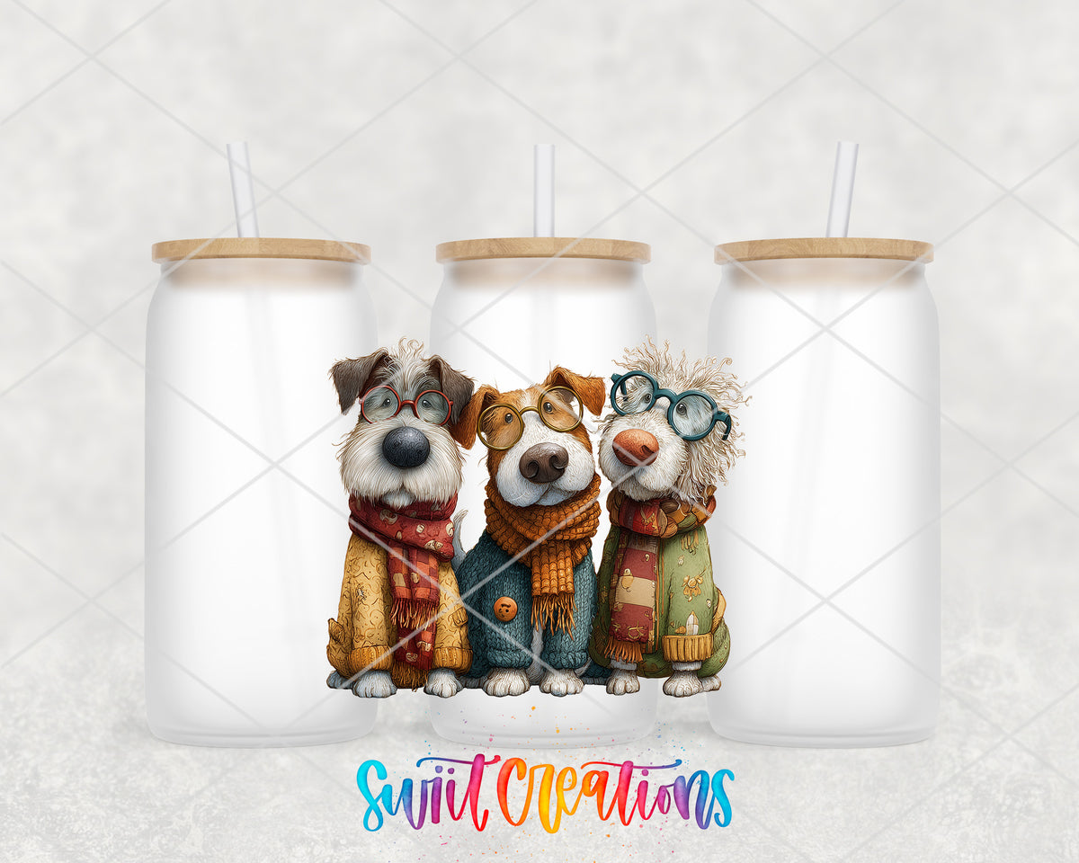 Cute Dogs frosted glass tumbler group view with lids and straws