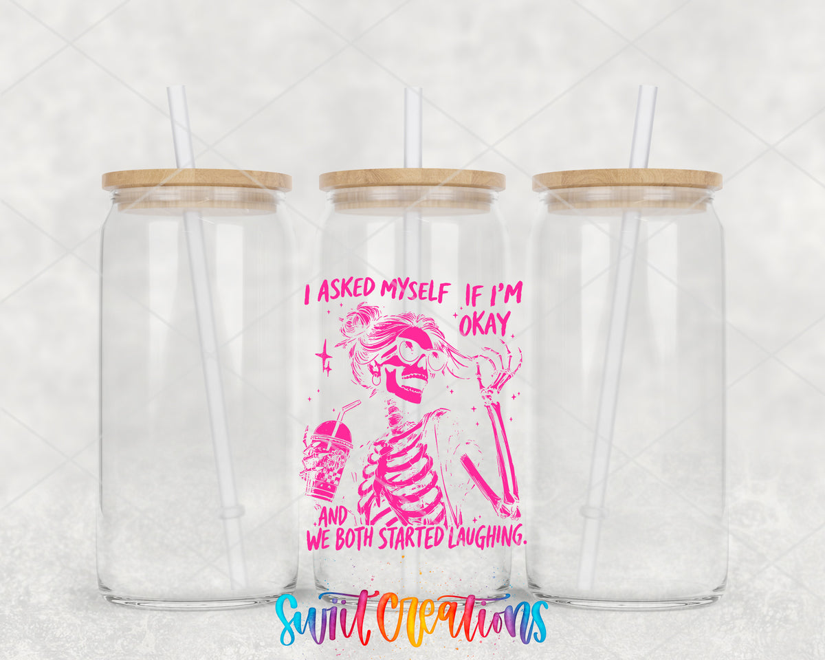 I Asked Myself If I'm Okay clear glass tumbler group mockup with bamboo lids and straws