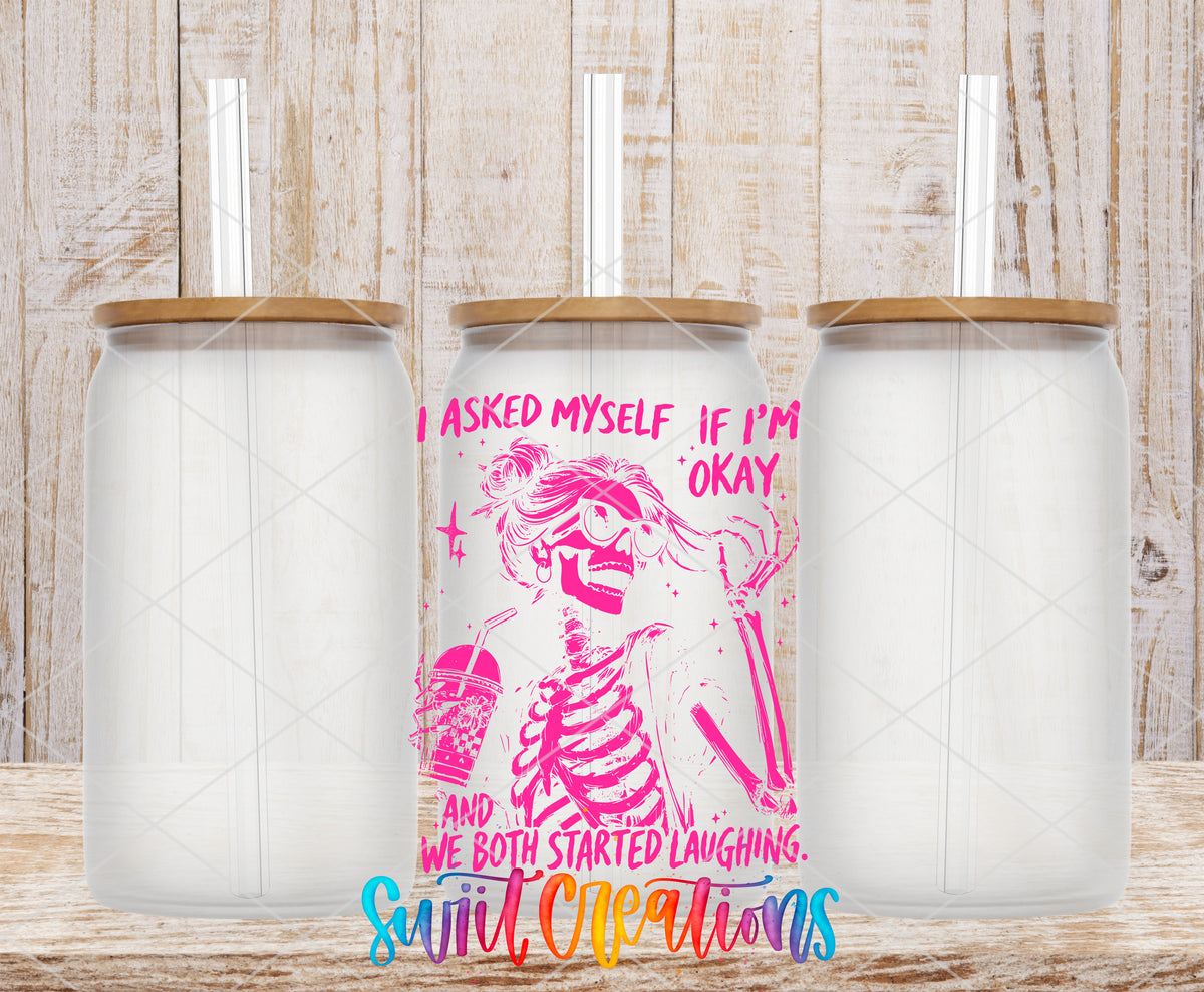 I Asked Myself If I'm Okay frosted glass tumbler mockup with bamboo lids and straws