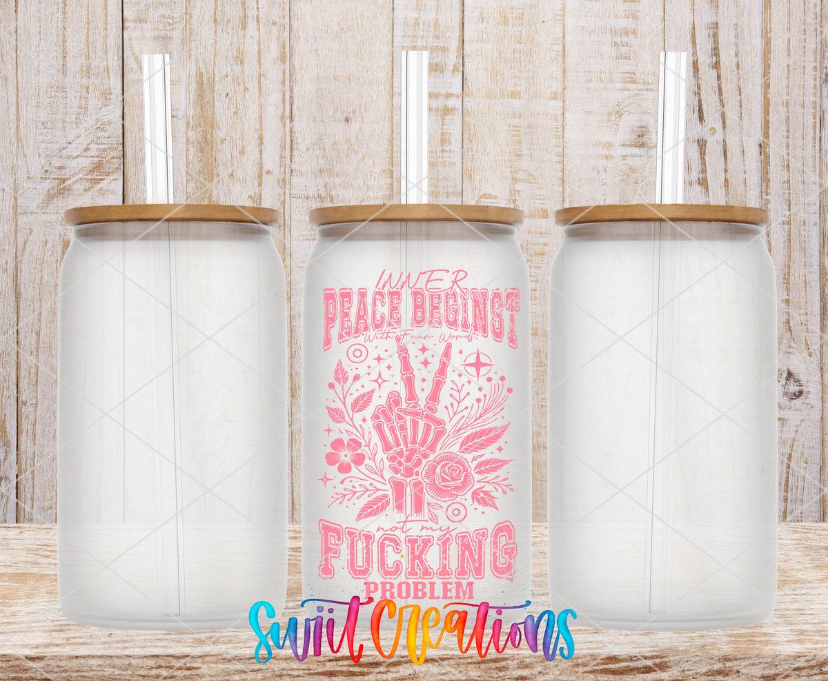 Inner Peace Is Not My Problem Pink frosted glass tumbler mockup with bamboo lids and straws