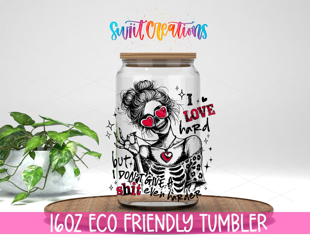 I Love Hard Pink design on a 16 oz clear glass tumbler with bamboo lid