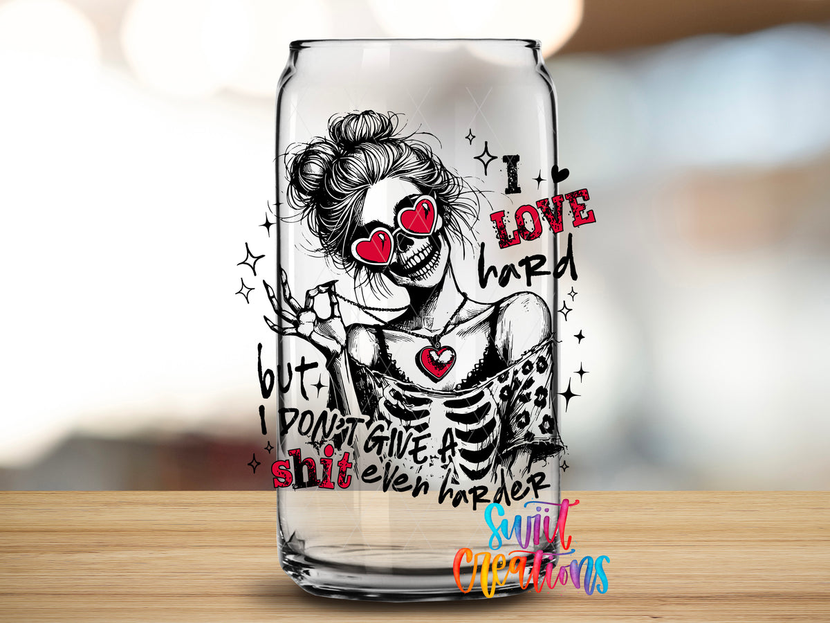 I Love Hard Pink design close-up on a clear glass can tumbler