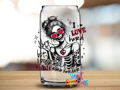 I Love Hard Pink design close-up on a clear glass can tumbler