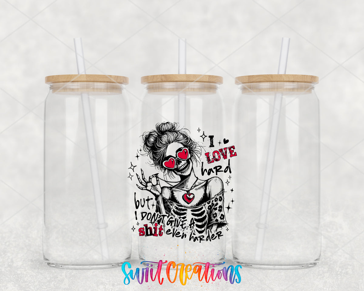 I Love Hard Pink clear glass tumbler group mockup with bamboo lids and straws