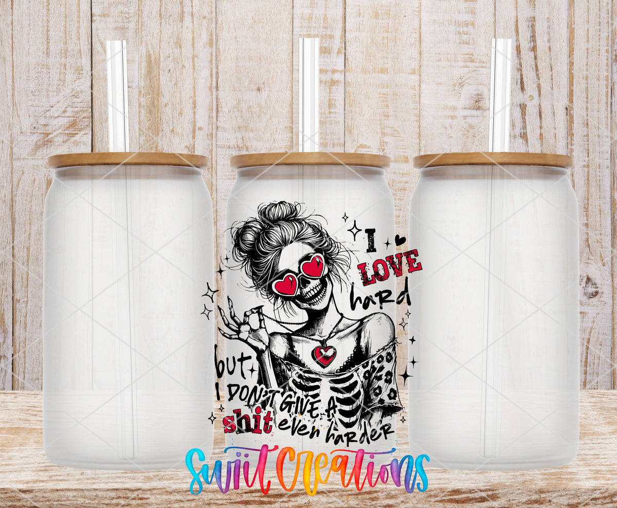 I Love Hard Pink frosted glass tumbler mockup with bamboo lids and straws