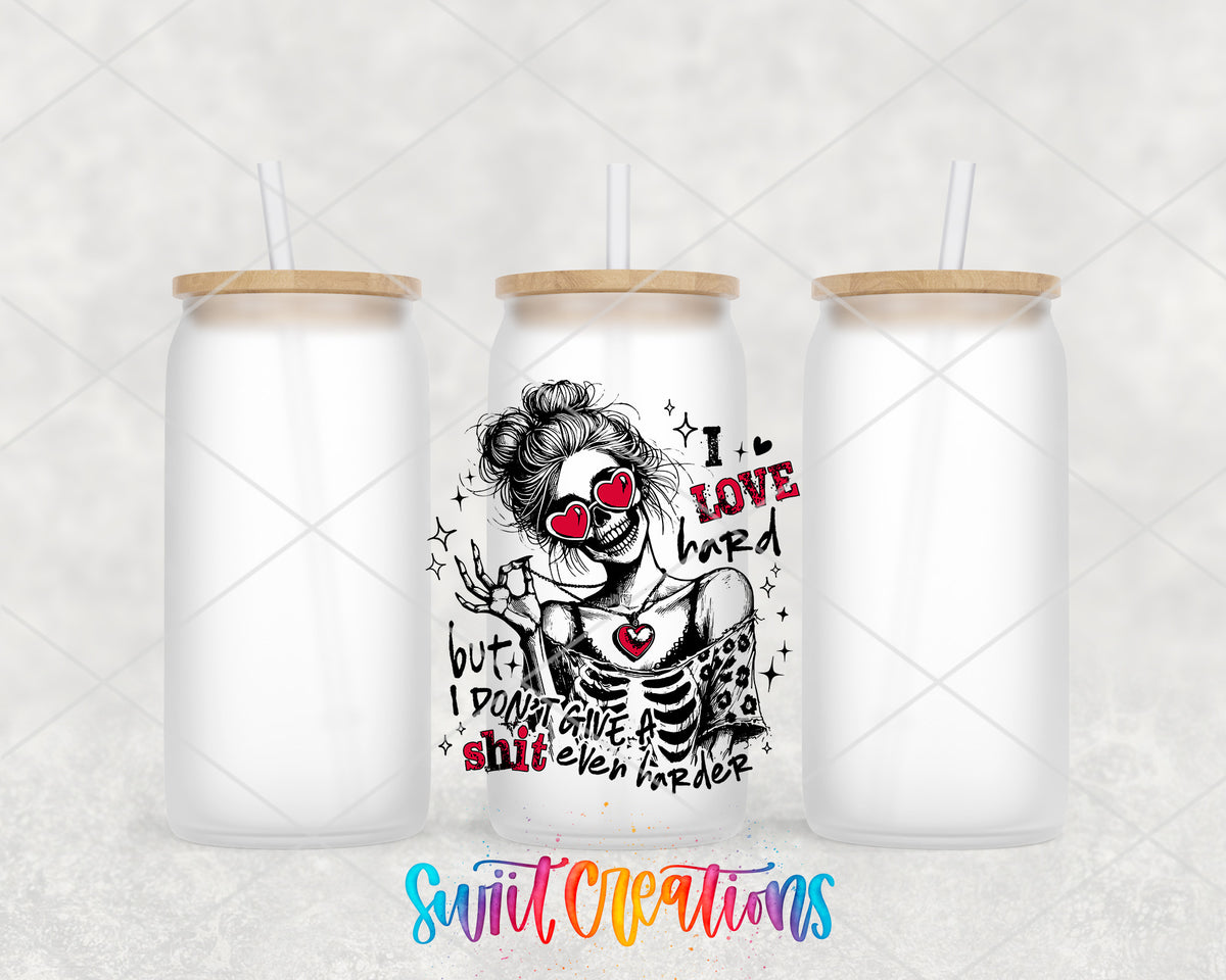 I Love Hard Pink frosted glass tumbler group view with lids and straws