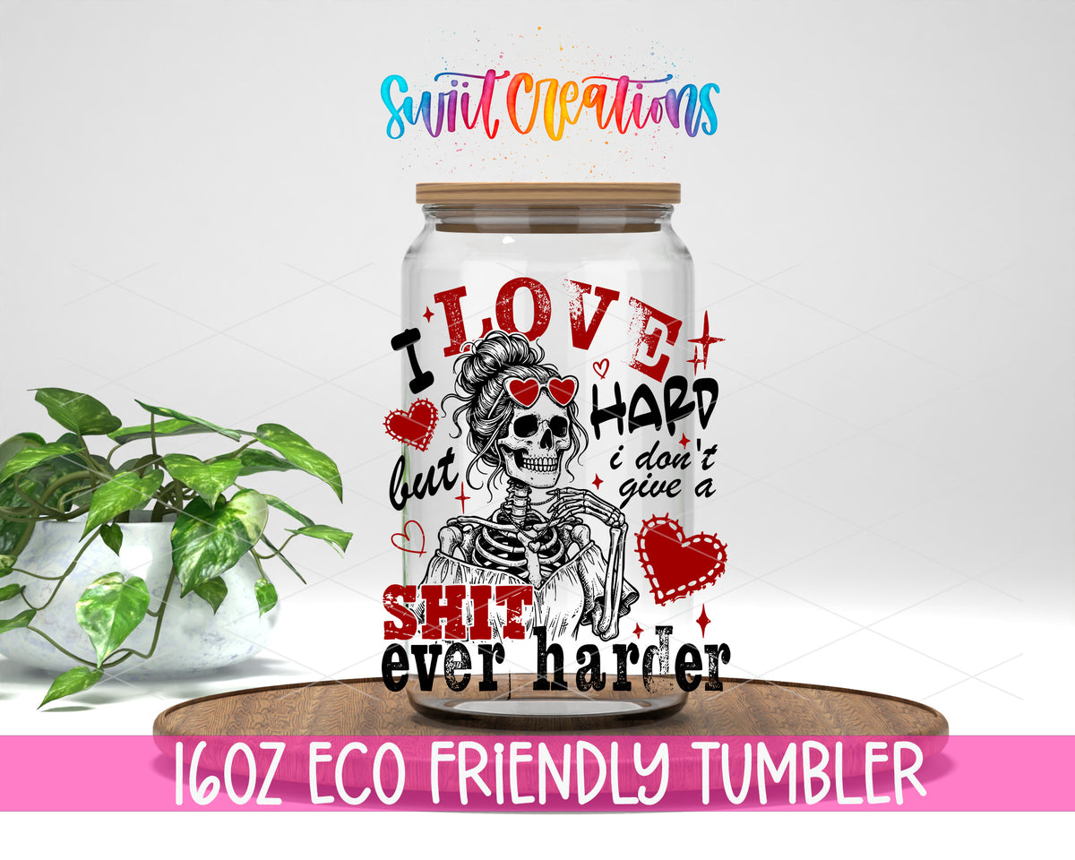 I Love Hard Red design on a 16 oz clear glass tumbler with bamboo lid