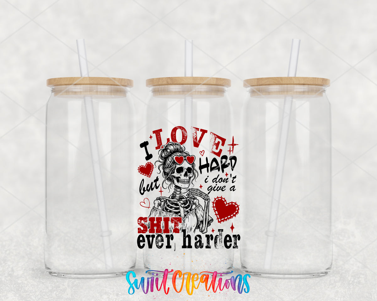 I Love Hard Red clear glass tumbler group mockup with bamboo lids and straws