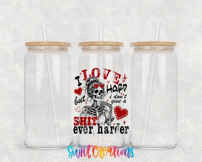 I Love Hard Red clear glass tumbler group mockup with bamboo lids and straws