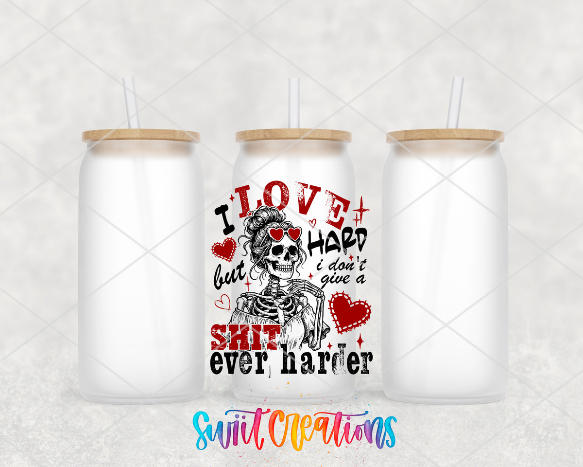 I Love Hard Red frosted glass tumbler group view with lids and straws