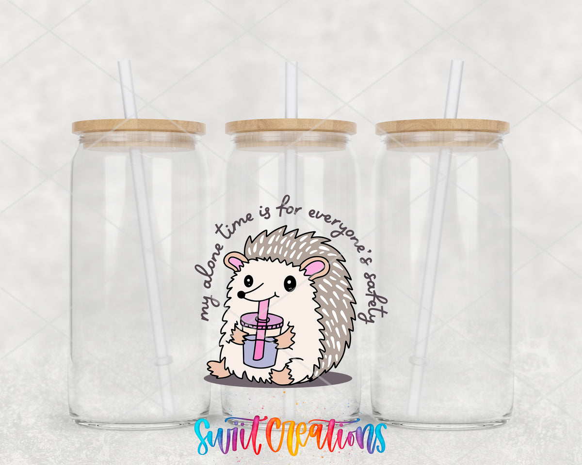 My Alone Time Is for Everyone’s Safety clear glass tumbler group mockup with bamboo lids and straws