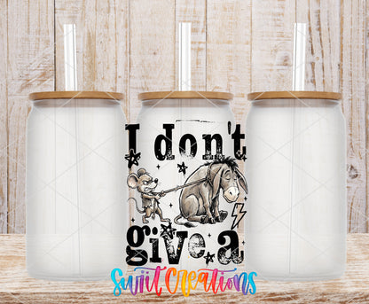 I Don't Give a Rat's Ass frosted glass tumbler mockup with bamboo lids and straws