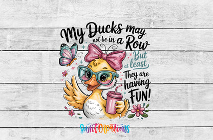 My Ducks May Not Be in a Row artwork detail for the finished 16 oz tumbler