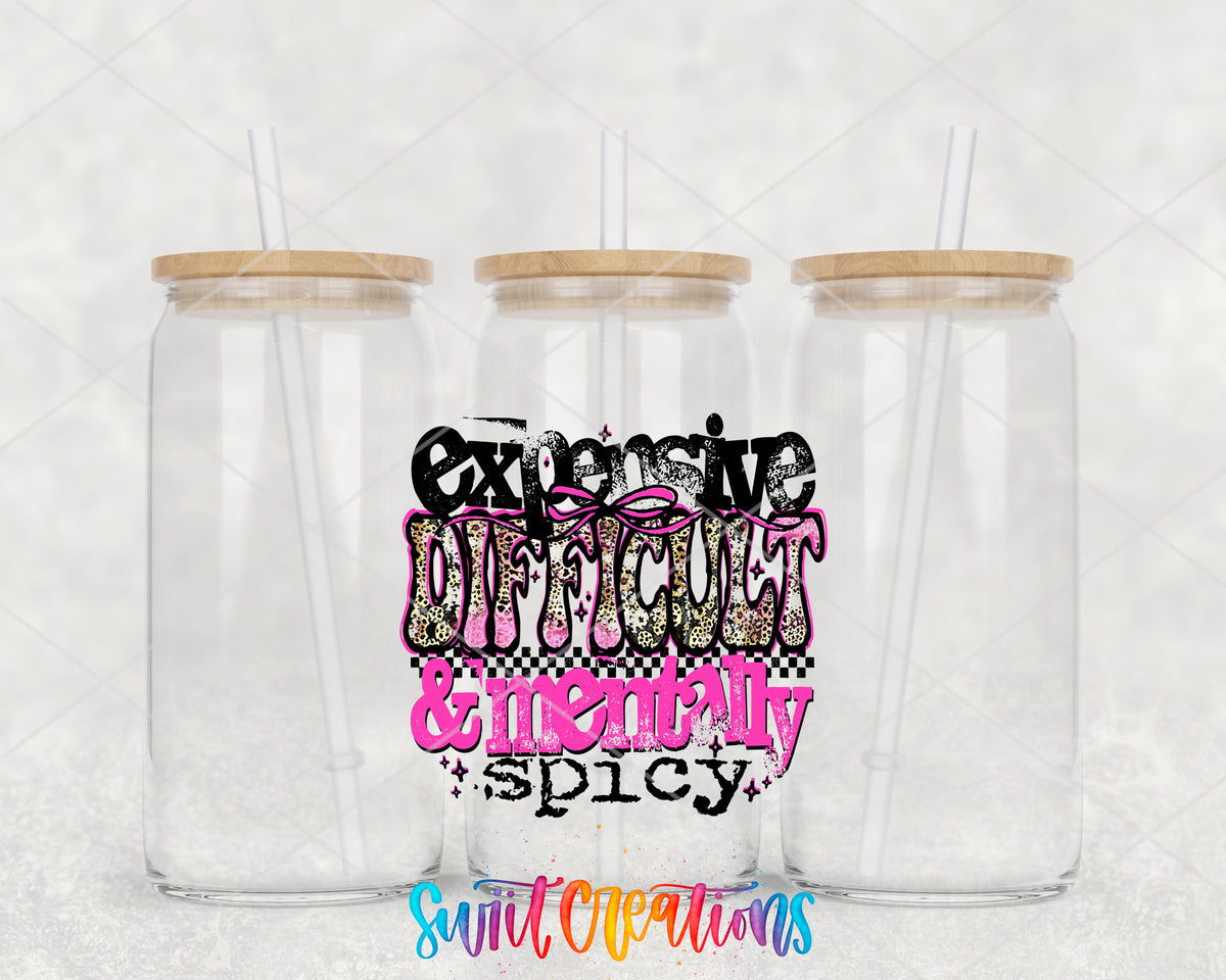 Expensive Difficult and Mentally Spicy clear glass tumbler group mockup with bamboo lids and straws